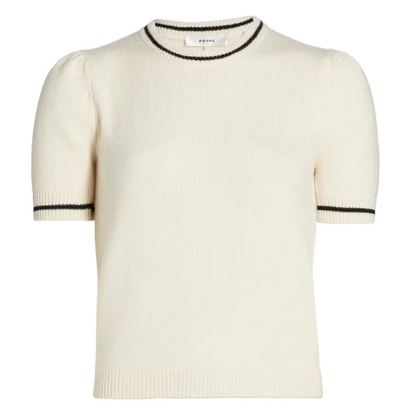 Frame Ivory Cashmere Puffed Short Sleeve Crew Neck Classic Preppy Sweater Medium - Picture 1 of 9